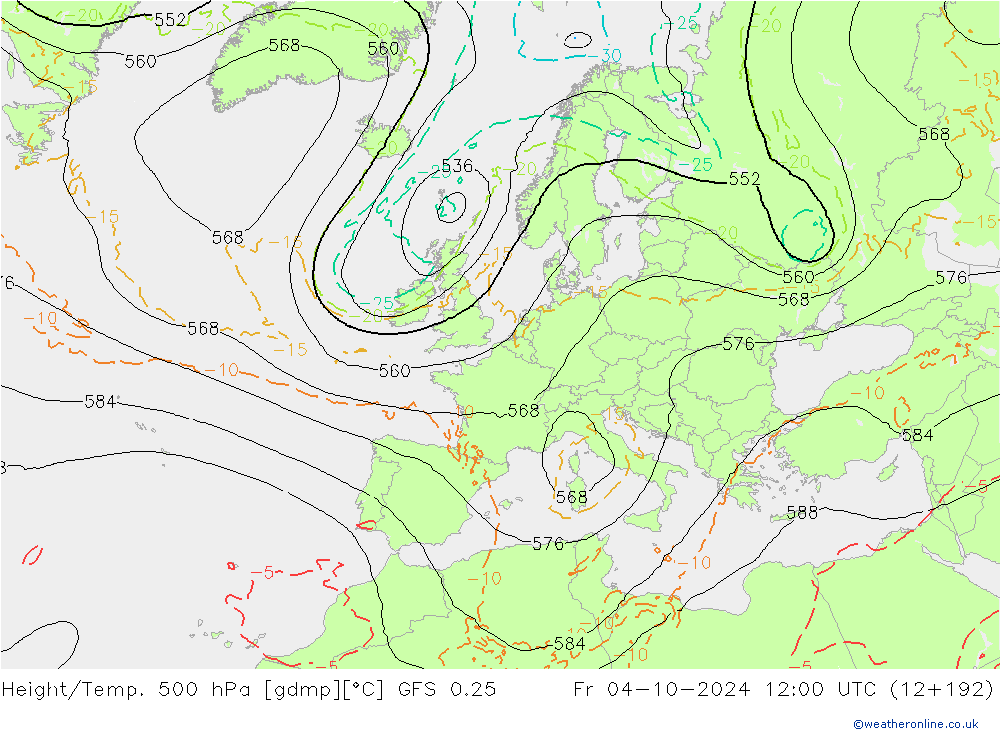 Z500/Rain (+SLP)/Z850 GFS 0.25 Fr 04.10.2024 12 UTC