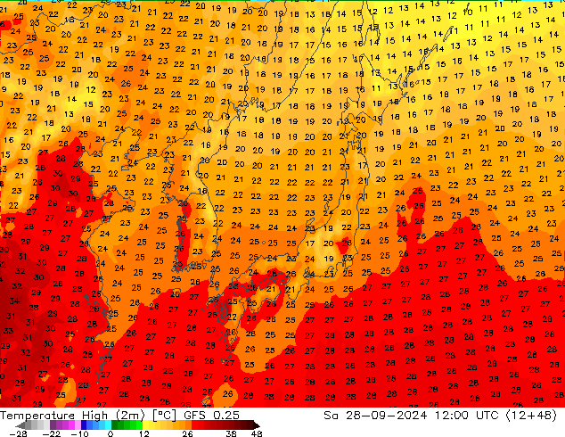 Maksimum Değer (2m) GFS 0.25 Cts 28.09.2024 12 UTC