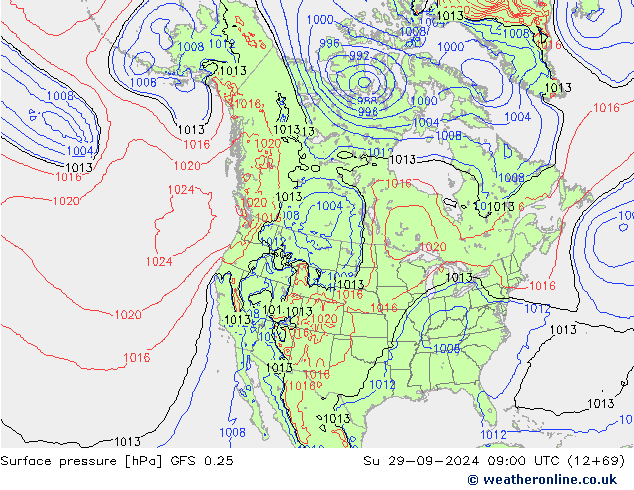 Pressione al suolo GFS 0.25 dom 29.09.2024 09 UTC