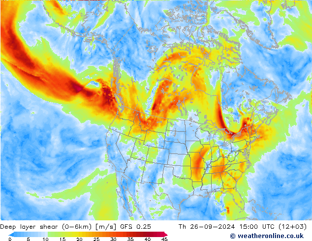 Deep layer shear (0-6km) GFS 0.25 Th 26.09.2024 15 UTC