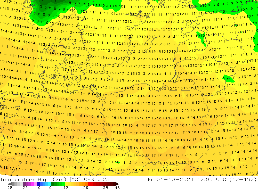 Temperatura máx. (2m) GFS 0.25 vie 04.10.2024 12 UTC