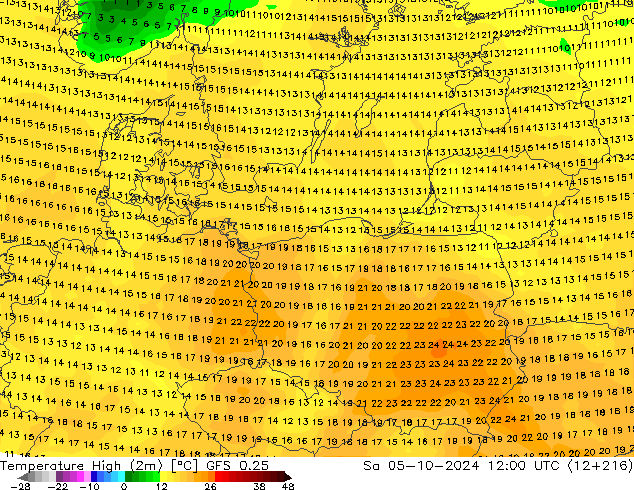 Temperatura máx. (2m) GFS 0.25 sáb 05.10.2024 12 UTC