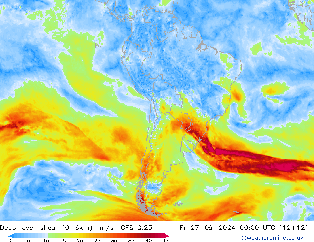 Deep layer shear (0-6km) GFS 0.25  27.09.2024 00 UTC