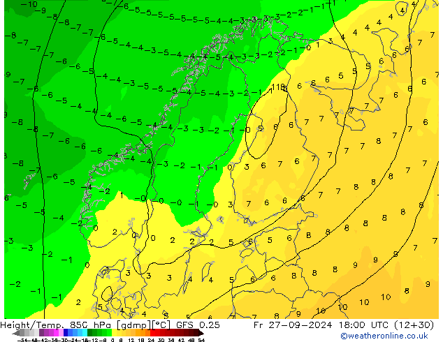 Z500/Rain (+SLP)/Z850 GFS 0.25 Fr 27.09.2024 18 UTC