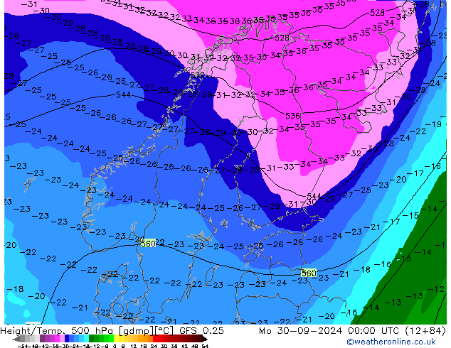 Z500/Yağmur (+YB)/Z850 GFS 0.25 Pzt 30.09.2024 00 UTC