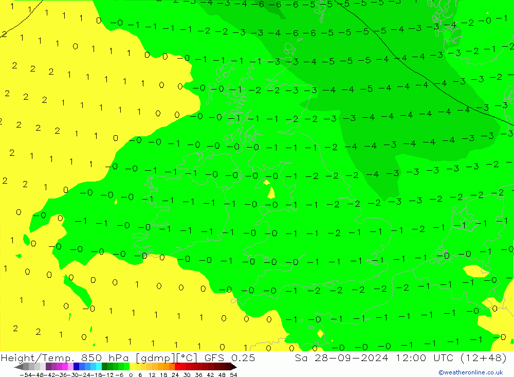 Height/Temp. 850 hPa GFS 0.25 sab 28.09.2024 12 UTC