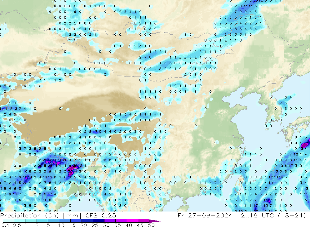 Précipitation (6h) GFS 0.25 ven 27.09.2024 18 UTC