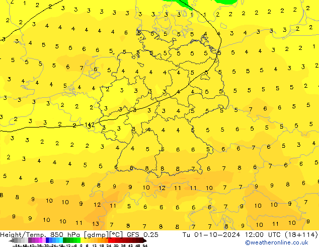 Z500/Rain (+SLP)/Z850 GFS 0.25 Út 01.10.2024 12 UTC