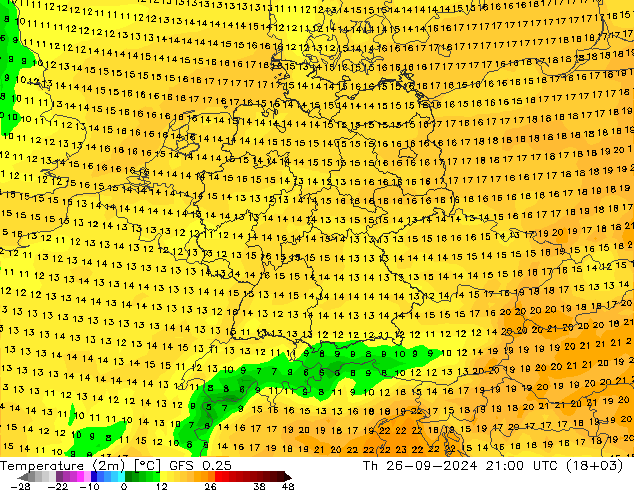 Temperatura (2m) GFS 0.25 Qui 26.09.2024 21 UTC