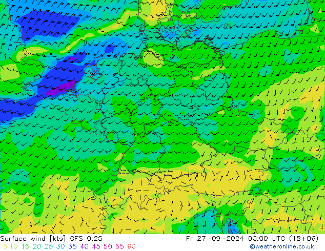 Vent 10 m GFS 0.25 ven 27.09.2024 00 UTC