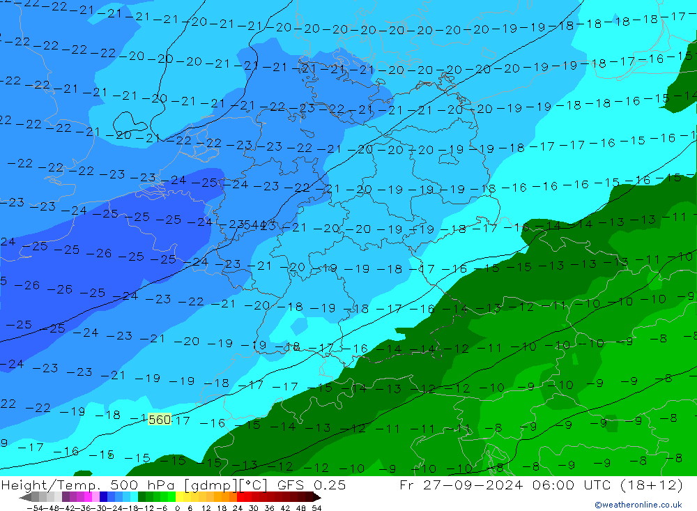 Z500/Rain (+SLP)/Z850 GFS 0.25 Fr 27.09.2024 06 UTC