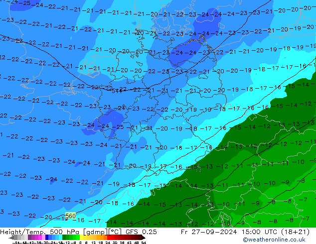 Z500/Rain (+SLP)/Z850 GFS 0.25 Fr 27.09.2024 15 UTC