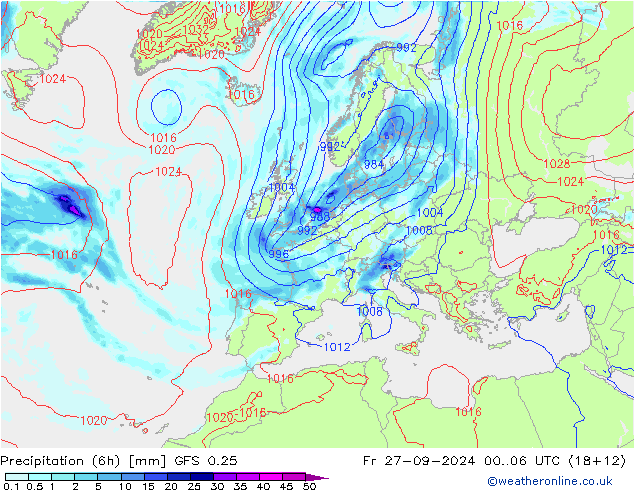 Z500/Rain (+SLP)/Z850 GFS 0.25 pt. 27.09.2024 06 UTC