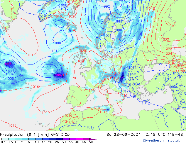 Z500/Rain (+SLP)/Z850 GFS 0.25 sab 28.09.2024 18 UTC