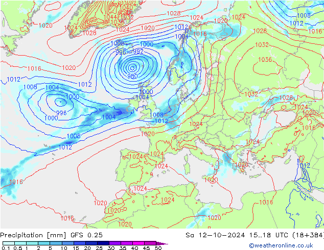 Precipitation GFS 0.25 Sa 12.10.2024 18 UTC