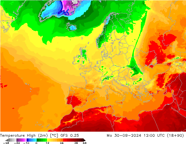 temperatura máx. (2m) GFS 0.25 Seg 30.09.2024 12 UTC