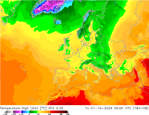 Temperature High (2m) GFS 0.25 Tu 01.10.2024 06 UTC