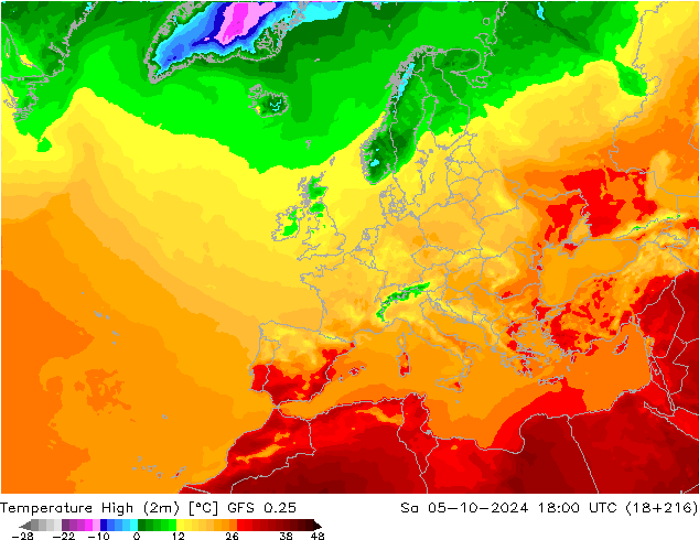 Höchstwerte (2m) GFS 0.25 Sa 05.10.2024 18 UTC