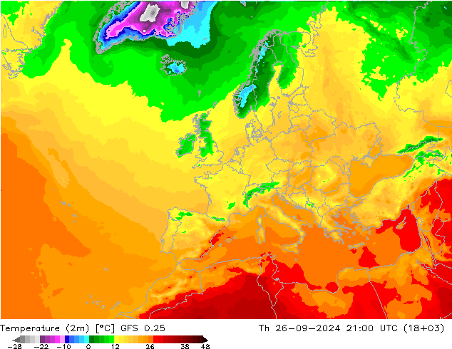 Temperatuurkaart (2m) GFS 0.25 do 26.09.2024 21 UTC