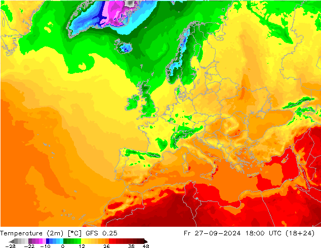 Temperature (2m) GFS 0.25 Pá 27.09.2024 18 UTC