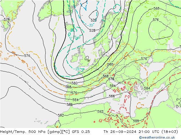 Z500/Rain (+SLP)/Z850 GFS 0.25 jue 26.09.2024 21 UTC