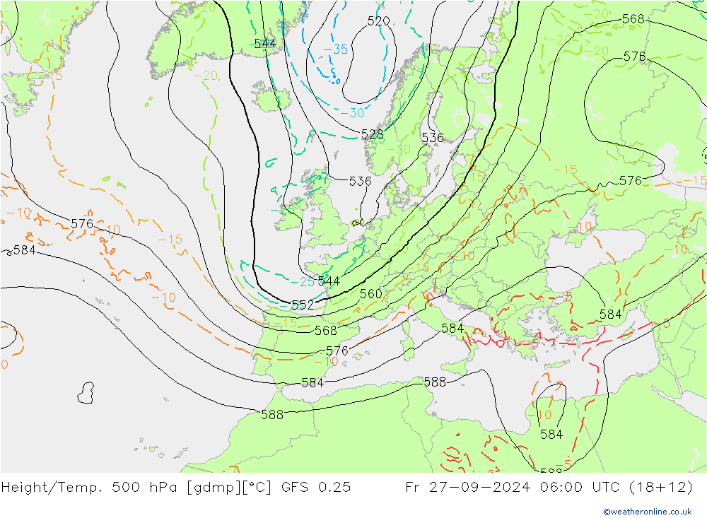 Z500/Rain (+SLP)/Z850 GFS 0.25 星期五 27.09.2024 06 UTC