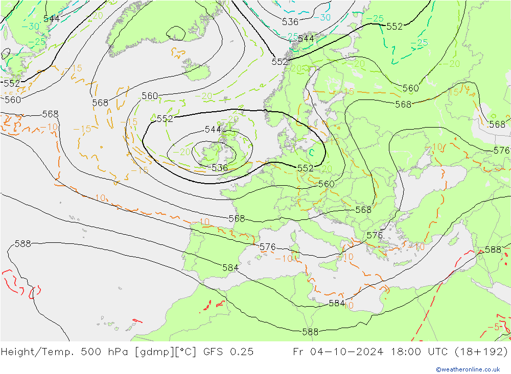 Z500/Rain (+SLP)/Z850 GFS 0.25 Sex 04.10.2024 18 UTC