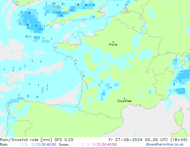 Rain/Snowfall rate GFS 0.25 ven 27.09.2024 00 UTC