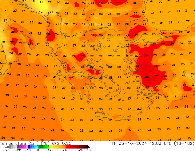 Temperatuurkaart (2m) GFS 0.25 do 03.10.2024 12 UTC