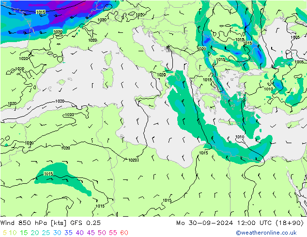 Wind 850 hPa GFS 0.25 Mo 30.09.2024 12 UTC