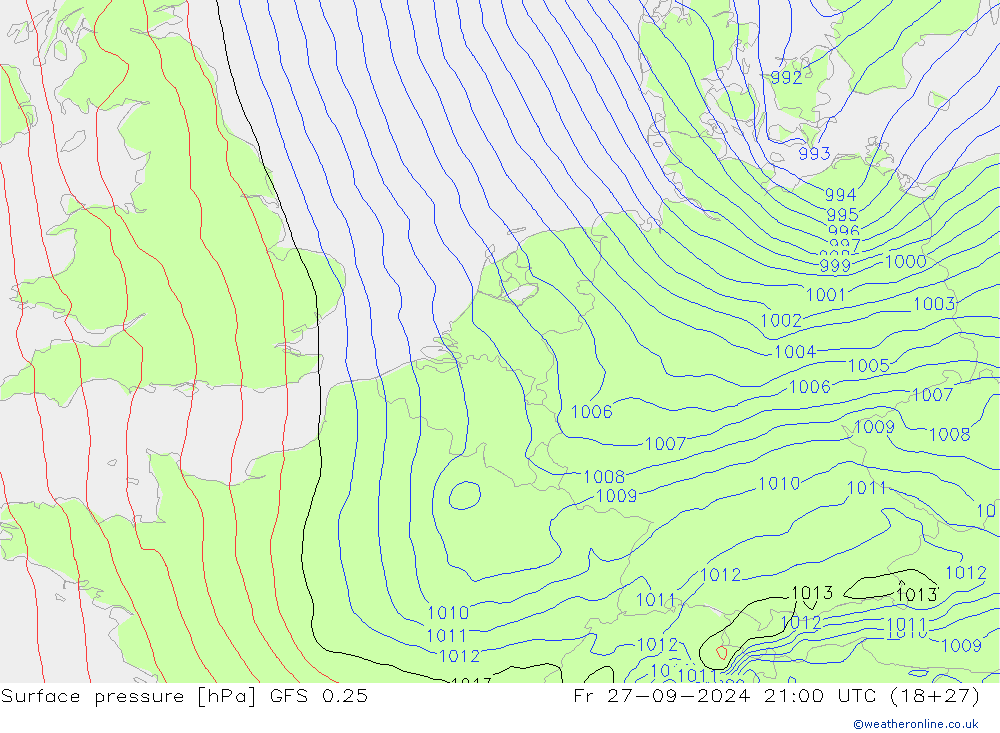 Pressione al suolo GFS 0.25 ven 27.09.2024 21 UTC