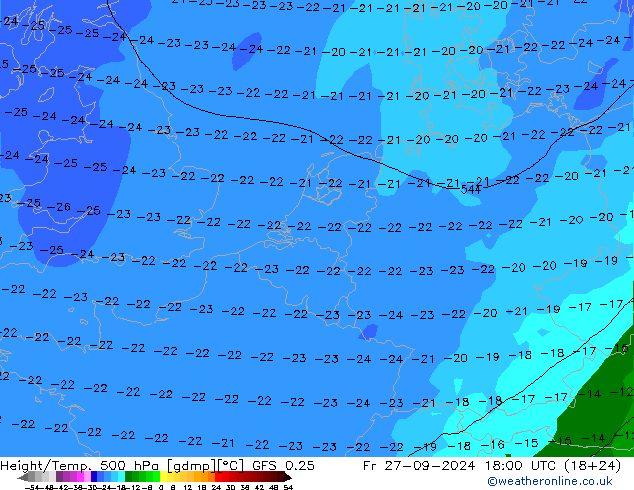 Z500/Rain (+SLP)/Z850 GFS 0.25 ven 27.09.2024 18 UTC