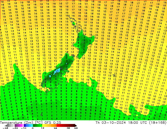 Temperatura (2m) GFS 0.25 Qui 03.10.2024 18 UTC