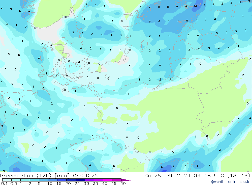 Totale neerslag (12h) GFS 0.25 za 28.09.2024 18 UTC