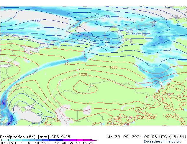 Z500/Rain (+SLP)/Z850 GFS 0.25 lun 30.09.2024 06 UTC