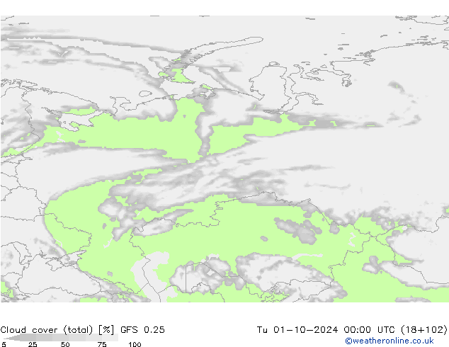 Cloud cover (total) GFS 0.25 Tu 01.10.2024 00 UTC