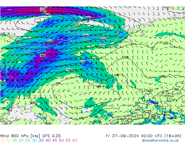 Wind 850 hPa GFS 0.25 Fr 27.09.2024 00 UTC