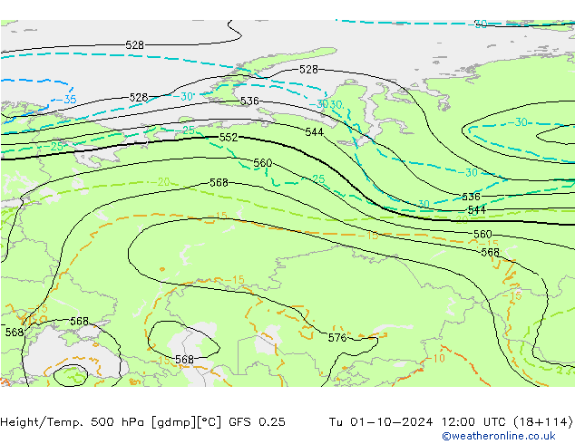 Z500/Rain (+SLP)/Z850 GFS 0.25 Tu 01.10.2024 12 UTC