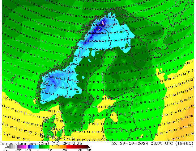 Min.  (2m) GFS 0.25  29.09.2024 06 UTC