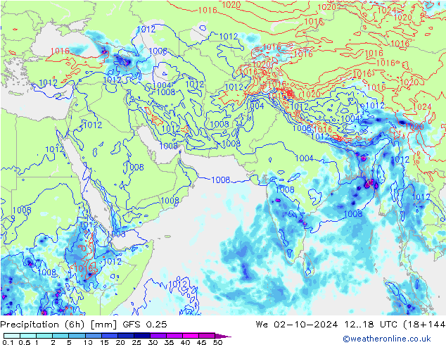 Totale neerslag (6h) GFS 0.25 wo 02.10.2024 18 UTC