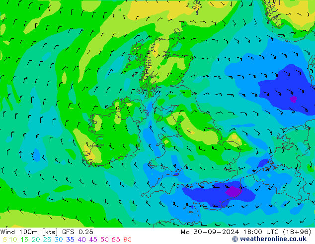 Viento 100m GFS 0.25 lun 30.09.2024 18 UTC