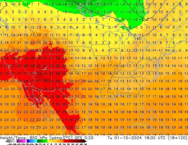 Height/Temp. 850 hPa GFS 0.25 Di 01.10.2024 18 UTC