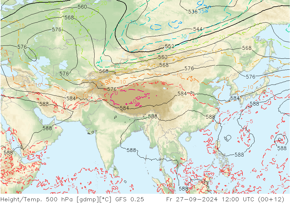 Z500/Rain (+SLP)/Z850 GFS 0.25 Fr 27.09.2024 12 UTC