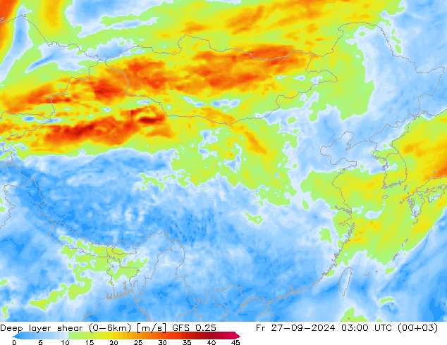 Deep layer shear (0-6km) GFS 0.25 ven 27.09.2024 03 UTC