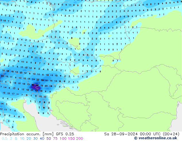 Precipitation accum. GFS 0.25 sab 28.09.2024 00 UTC