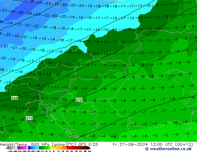 Z500/Rain (+SLP)/Z850 GFS 0.25 ven 27.09.2024 12 UTC