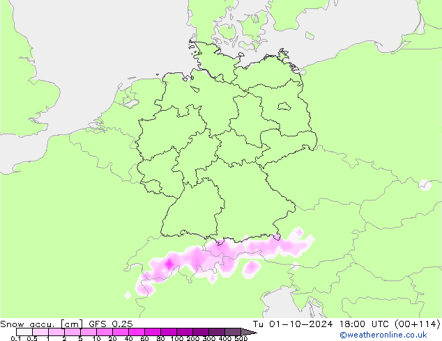 Totale sneeuw GFS 0.25 di 01.10.2024 18 UTC