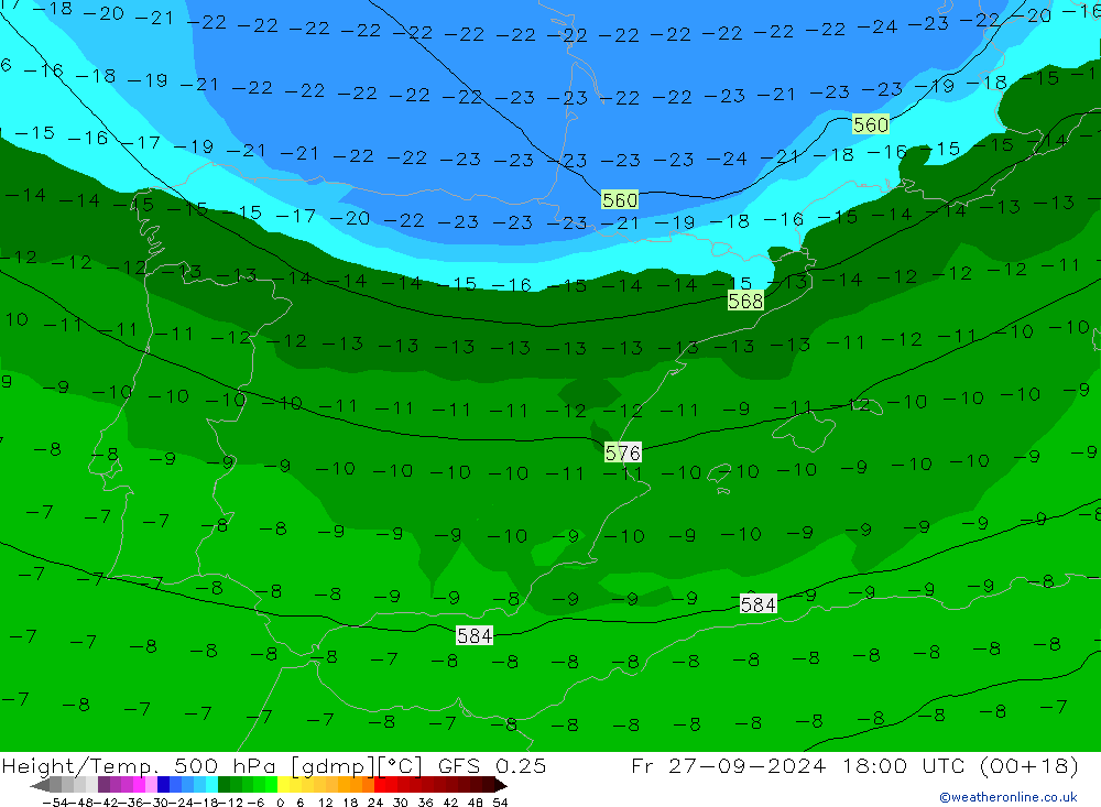 Z500/Rain (+SLP)/Z850 GFS 0.25 vie 27.09.2024 18 UTC