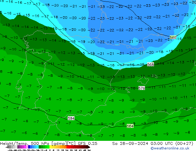 Z500/Rain (+SLP)/Z850 GFS 0.25 Sa 28.09.2024 03 UTC