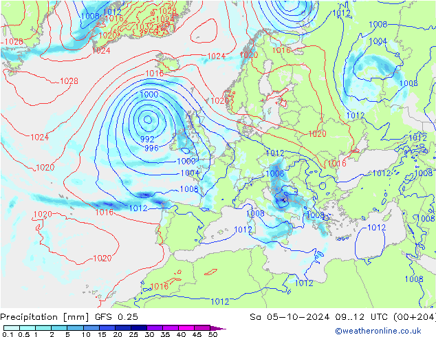 Neerslag GFS 0.25 za 05.10.2024 12 UTC